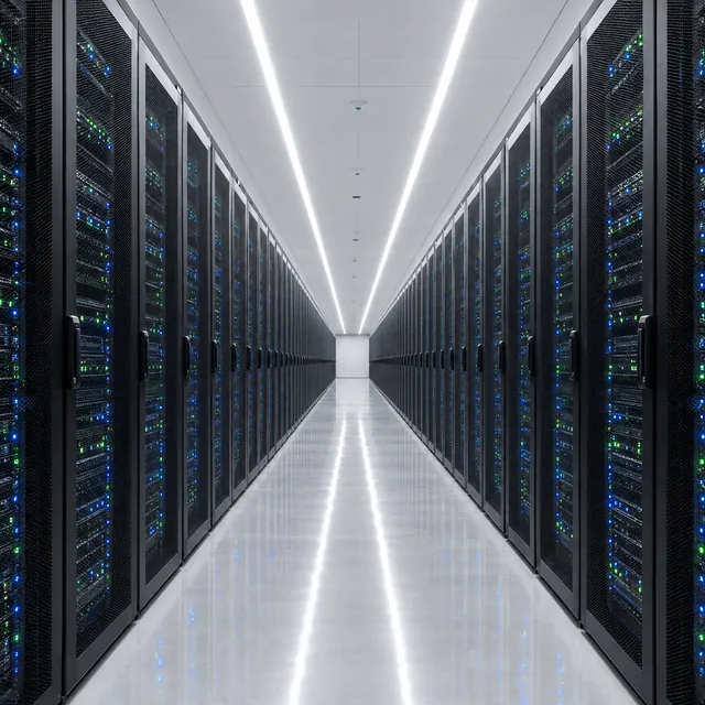 A data hall corridor between two rows of server racks with lit status lights
