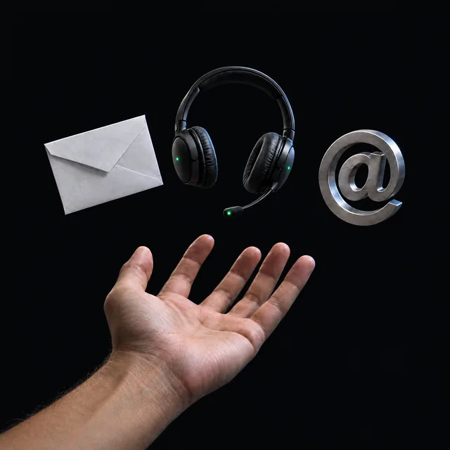 An open hand reaching up to an envelope, a headset and an @ sign