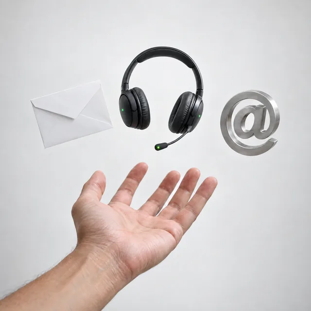 An open hand reaching up to an envelope, a headset and an @ sign