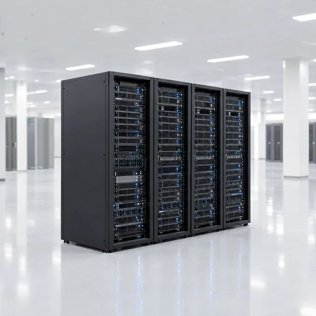 A row of four server racks in a bright data hall